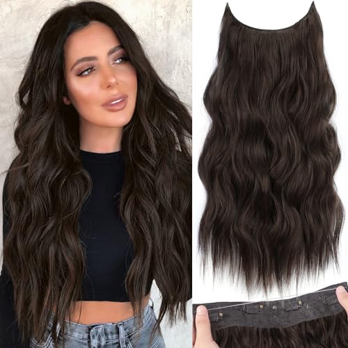KooKaStyle Invisible Wire Hair Extensions with Transparent Wire Adjustable Size 4 Secure Clips Long Wavy Secret Hairpiece 20 Inch Dark Brown for Women