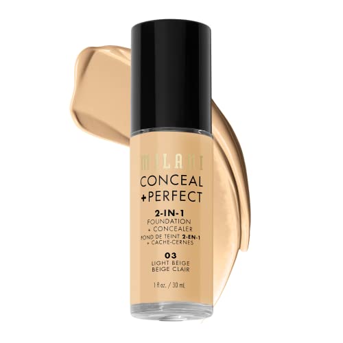 Milani Conceal + Perfect Liquid Foundation – Light Beige, 1 Fl. Oz. Cruelty-Free, Water-Resistant, Oil-Free, Medium-To-Full Coverage, Satin Matte Finish