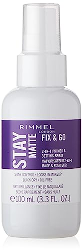 Rimmel London Stay Matte Fix & Go – 001 Transparent – 2-in-1 Primer & Setting Spray, Oil-Free, Locks Makeup into Place, Soothes Skin, 3.4oz