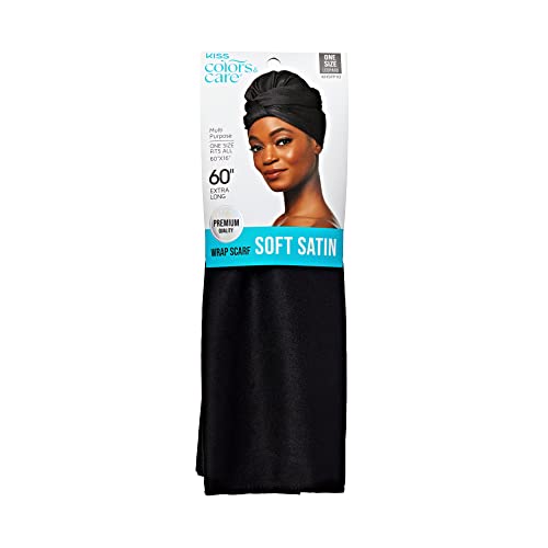 KISS COLORS & CARE Soft Satin Wrap Scarf – Black, Long Lasting, Multi-Purpose, Soft Premium Scarf For Minimizing Frizz, Preventing Breakage & Securing Hair Styles, Wigs & Weaves For All Hair Styles