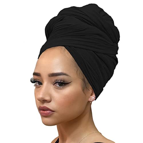 Kachanaa Stretch Jersey Turban Head Wraps Long Solid Color African Shawl Hair Scarfs Lightweight Breathable Head Bands Ties for Black Women(Black)