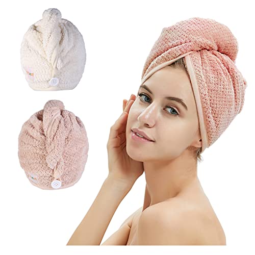 M-bestl 2 Pack Microfiber Hair Towel Wrap,Hair Drying Towel with Button, Towel Turban,Head Towel to Dry Hair Quickly (Pink&Beige)