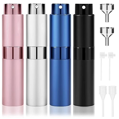 4PCS Perfume Atomizer, 8ML Mini Refillable Perfume Bottle for Travel, Portable Empty Atomizer Sprayer for Perfume, Cologne, Aftershave, Women/Men (Black, Silver, Pink, Blue)