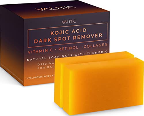 VALITIC Kojic Acid Dark Spot Remover Soap Bars with Vitamin C, Retinol, Collagen, Turmeric – Original Japanese Complex Infused with Hyaluronic Acid, Vitamin E, Shea Butter, Castile Olive Oil (2 Pack)