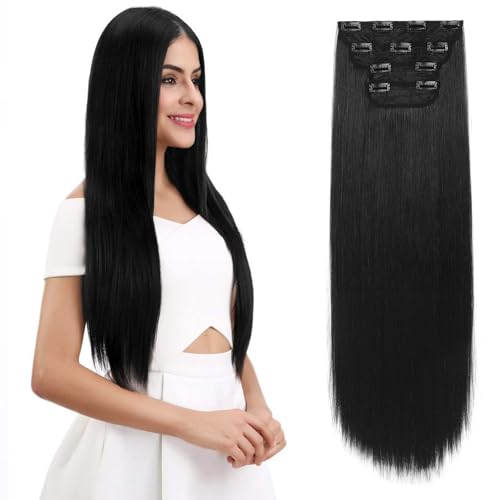 REECHO 28" Straight Super Long 4 PCS Set Thick Clip in on Hair Extensions Natural Black