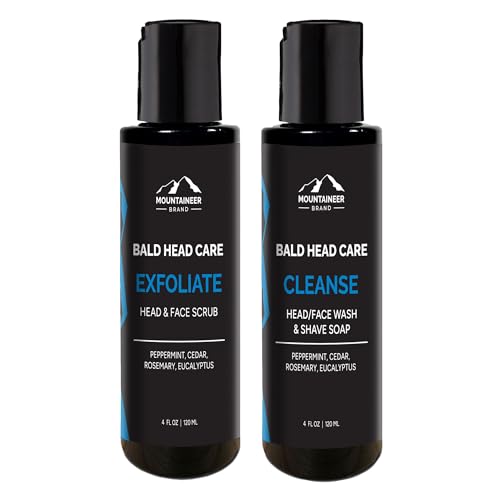 Mountaineer Brand Bald Head Care For Men | Exfoliate (4oz) and Cleanse Shampoo (4oz) | All Natural Exfoliating Scalp and Face Scrub | Moisturizing and Hydrating Shaving Soap and Wash