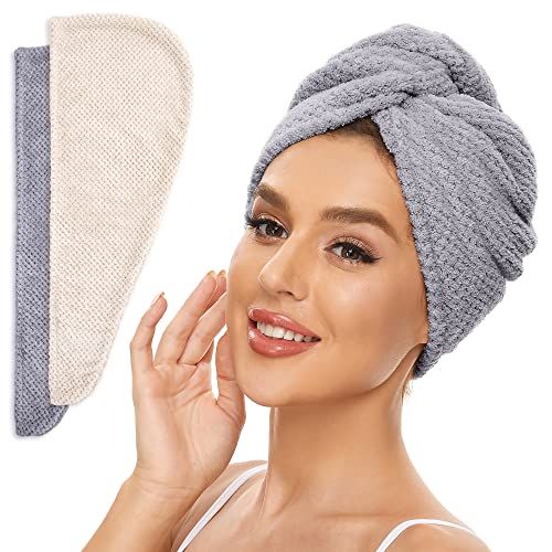 SimpleField Microfiber Hair Towel for All Hair Style, 2 Pack Quick Drying Hair Turban - Perfect for Women, Men and Kids (Beige + Grey)