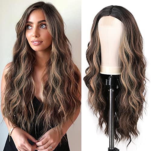 Ulzzviy Long Brown Mixed Blonde Wavy Wig for Women 24 Inch Middle Part Curly Wavy Wig Natural Looking Synthetic Heat Resistant Fiber Wig for Daily Party Use