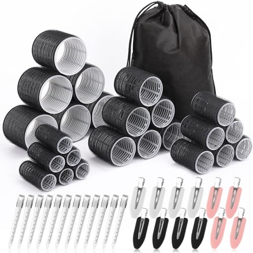 Rollers Hair Curlers 48 Pcs Set with 24Pcs Hair Rollers 4 Sizes (6 Jumbo Rollers/6 Large Rollers/6 Medium Rollers/6 Small Rollers) and 24 Pcs Hair Clips for Long Medium Short Hair (Black)