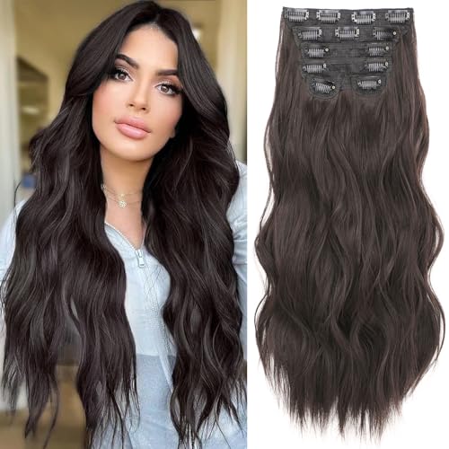 Flvaco Clip in Synthetic Hair Extensions 20Inch 6PCS Clip Ins Long Wavy Fiber Thick Hairpieces Natural Hair Extension full Head for Women (230G,Dark Brown)