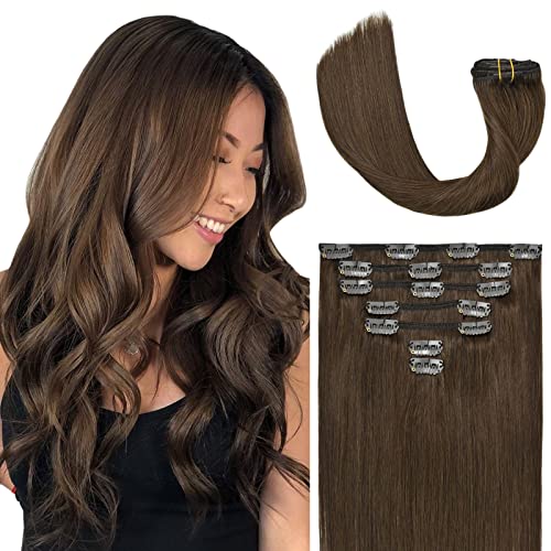 VARIO Hair Extensions Clip in Human Hair Medium Brown Clip on Hair Extension for Women 15 Inche 70g Straight and Thick 16 Clips 7 Pieces Double Weft Smooth and Bouncy #4