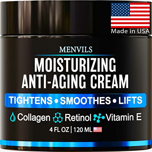 Mens Face Moisturizer Cream - Anti Aging & Wrinkle for Men with Collagen, Retinol, Vitamins E, Jojoba Oil - Face Lotion - Age Facial Skin Care - Eye Wrinkle - Day & Night - Made in USA, 4 oz