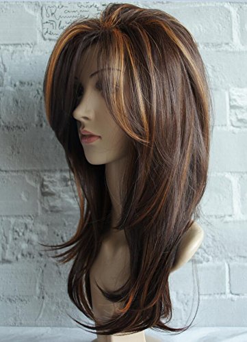 wigbuy Long Layered Shoulder Length Brown with Camel color Highlight wig Synthetic Hair Fiber Highlight Multicolor Wigs for White Women