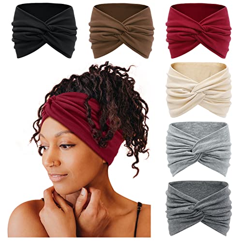 Tobeffect Wide Headbands for Women, 7” Extra Large Turban Headband Boho Hairband Hair Twisted Knot Accessories, 6 Pack