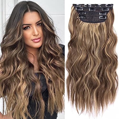 4PCS Clip in Hair Extensions Honey Blonde Mixed Light Brown 20 Inch Long Wavy Synthetic Hair Extensions (4pcs, 20Inch, 22H10#)