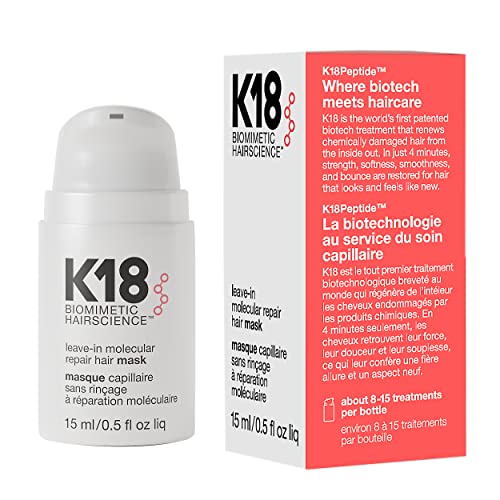 K18 Mini Leave-In Molecular Repair Hair Mask Treatment to Repair Damaged Hair – 4 Minutes to Reverse Damage from Bleach + Color, Chemical Services, Heat 15 ml