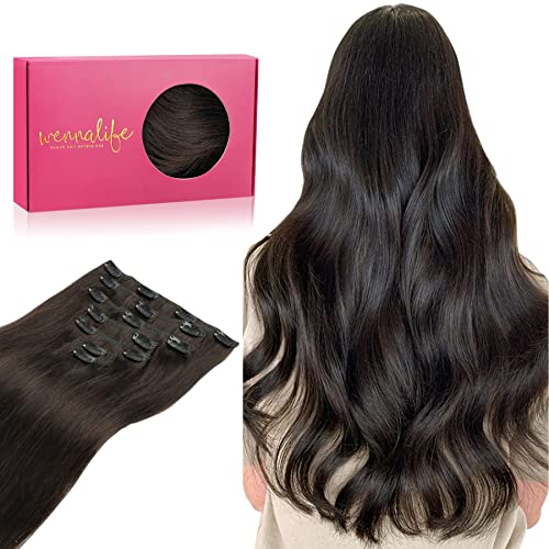 WENNALIFE Clip in Human Hair Extensions, 20 Inch 120g 7pcs Dark Brown Hair Extensions Clip In Human Hair Remy Clip in Hair Extensions Real Human Hair Double Weft