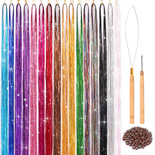 16 Colors Hair Tinsel Kit, 48 Inches 3300 Strands Tinsel Hair Extensions, Fairy Hair Tinsel for Christmas Halloween Cosplay Party, Highlights Sparkling Glitter Hair