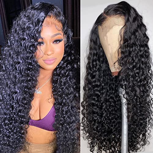 Deep Wave Lace Front Wigs Human Hair 180% Density 4X4 Transparent Lace Closure Wigs for Black Women Wet and Wavy Lace Frontal Wigs Glueless Wigs Pre Plucked with Baby Hair Natural Color (18 Inch)