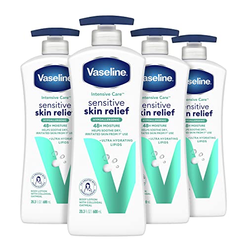 Vaseline Intensive Care Body Lotion Sensitive Skin Relief 4 Ct For Dry Skin With Colloidal Oatmeal and Ultra-Hydrating Lipids 20.3 oz