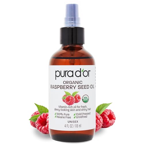 PURA D’OR 4 Oz Organic Red Raspberry Seed Oil – 100% Pure USDA Certified Premium Grade Scar Oil & Sunscreen For Hair Raspberry Extract – Cold Pressed Body Oil, Unrefined, Hexane-Free Hair Growth Oil