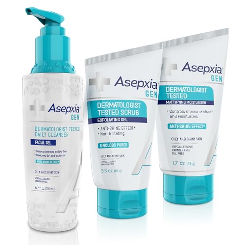 Asepxia GEN Skincare Set for Oily Skin - Exfoliating Scrub Gel, Daily Cleanser, Moisturizing Mattifying Cream - Anti-Brightness Effect, Neutralizes Shine -
