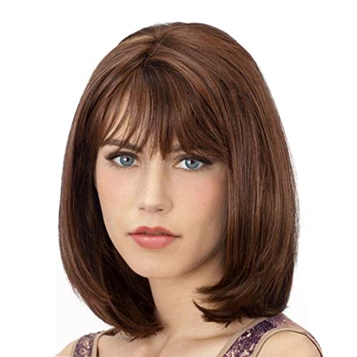 Onpep Short Straight Bob Wigs with Air Bangs Honey Brown Wig for Women Shoulder Length Heat Resistant Fiber Hair Wigs