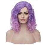 BERON 14″ Women Girls Short Curly Bob Wavy Ombre Pink Wig Body Wave Daily Hair Wigs (Light Purple to Pink)