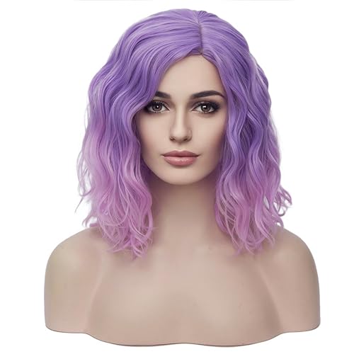 BERON 14" Women Girls Short Curly Bob Wavy Ombre Pink Wig Body Wave Daily Hair Wigs (Light Purple to Pink)