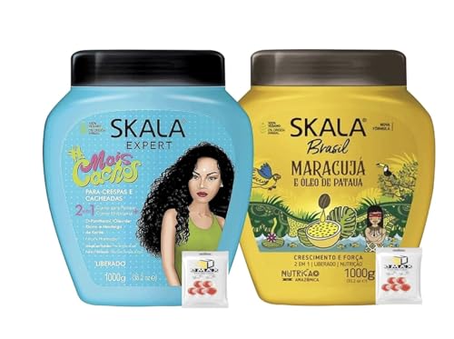 EMAX SKALA Hair Type 3ABC - Yellow Bottle - Hydrate Curls, Eliminate Frizz, For Curly Hair - 2 IN 1 Conditioning Treatment and Cream To Comb - EXTRA LARGE SIZE With Candy pack (Yellow Bottle and Blue)