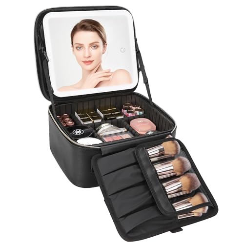 Relavel Travel Makeup Bag With LED Mirror, Cosmetic Train Case with Light up Mirror, Portable Makeup Artist Organizer Bag with Adjustable Dividers, Makeup Brush Holder Storage(Black)
