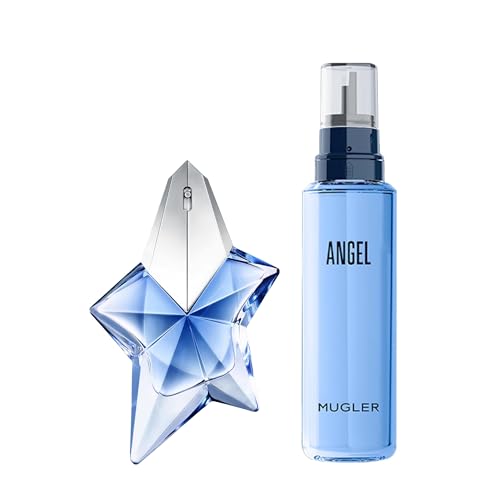 Mugler – Angel – Eau de Parfum – Womens Perfume Refill Bundle – Ambery & Woody – With Bergamot, Praline, and Patchouli – 1.6 Fl Oz Refillable Perfume & 3.3 Fl Oz Refill