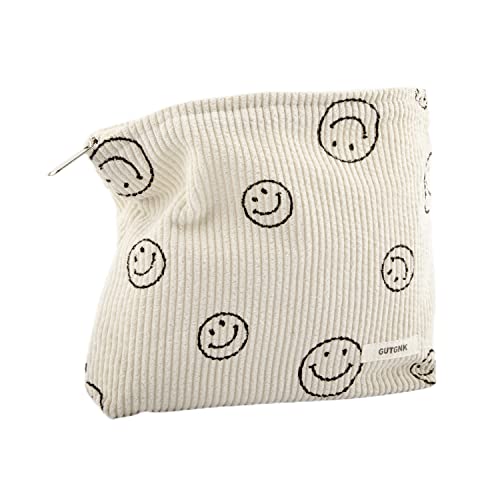 GUTGNK Makeup Bag For Women – Corduroy Cosmetic Bags Aesthetic Design Ladies Tote Bag,Women’s Pencil Case,Cute Smiley Face Makeup Organizer with Zipper (Beige)