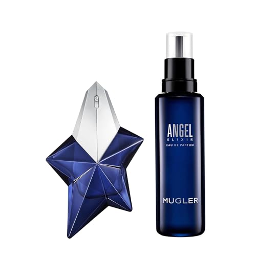 Mugler – Angel Elixir – Eau de Parfum – Womens Perfume Refill Bundle- Floral & Woody – With Sandalwood, Amber, and Vanilla – 1.6 Fl Oz Refillable Perfume & 3.3 Fl Oz Refill