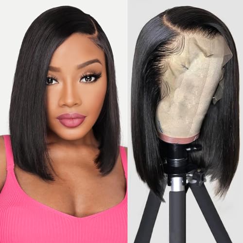 Iridescent Bob Wig Human Hair Straight 13×4 Lace Front Wigs Human Hair Pre Plucked with Baby Hair 180% Dentisy Short Straight Bob Wigs for Black Woman Glueless Wigs (12 Inch)