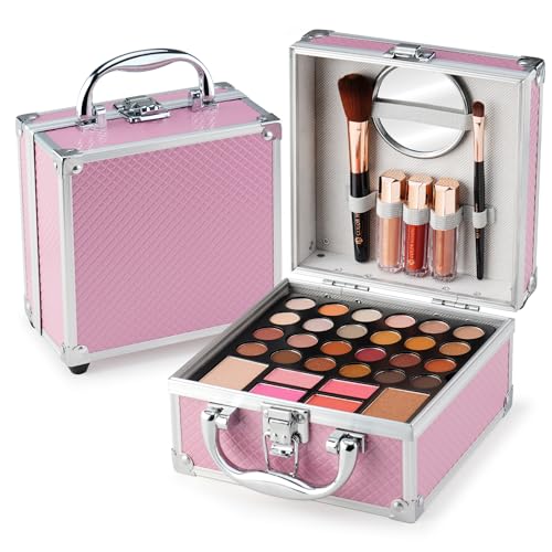Color Nymph Beginner Makeup Kit For Teens With The Small Cosmetic Train Case Included 24-Colors Eyeshadow Palette Blushes Bronzer Highlighter Lipstick Brushes Mirror(Pink)