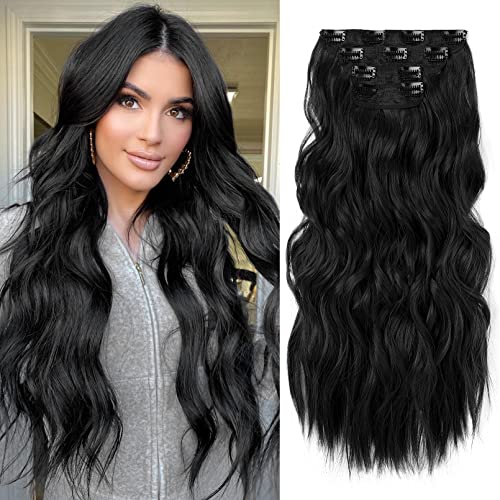 REECHO Hair Extensions, 4PCS Clip in Hair Extensions HE001 Natural Soft Synthetic Hairpieces for Women, Black