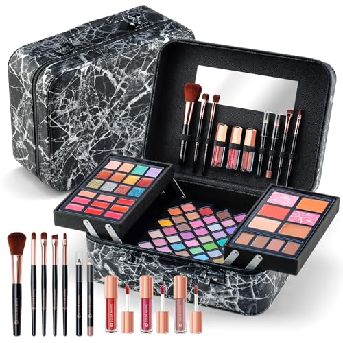Makeup Kit for Women,All in One Makeup Gift Set for Girls in Cosmetic Train Case (Black) With Mirror,Full Cosmetic Kit Includes Eyeshadow Palette,Lipgloss,Blushes,Pencil,Brush Applicators