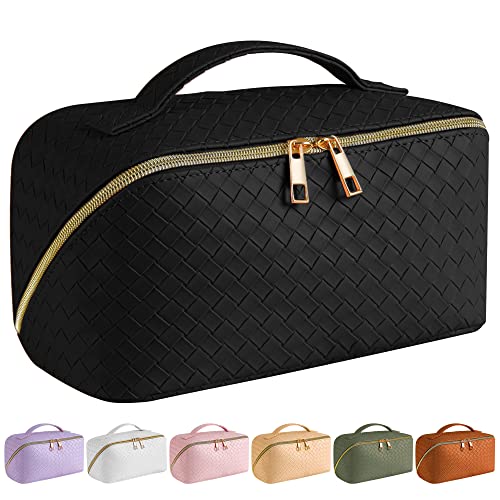 SFXULIX Large Capacity Travel Cosmetic Bag – Makeup Bag, PU Leather Waterproof Cosmetic Bag, Women Portable Travel Makeup Bag With Handle and Divider Flat Lay Makeup Organizer Bag (Black)