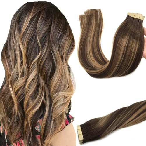 GOO GOO Tape in Hair Extensions Chocolate Brown to Caramel Blonde Real Human Hair Extensions Seamless Straight Human Hair Extensions 50g 20pcs 18inch