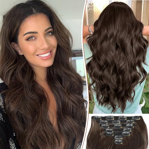 KooKaStyle Clip in Hair Extensions for Women,Chocolate Brown with Dark Brown 7PCS 20 Inch Hair Extensions Clip Ins Soft and Natural Hair Pieces for Women Thick Long Wavy