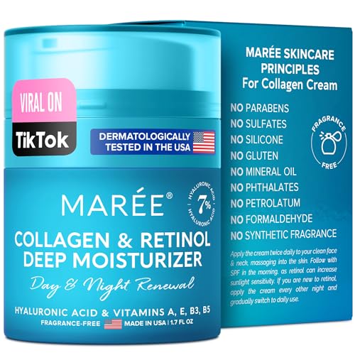 MAREE Face Moisturizer Collagen Cream - Anti Aging Face Cream with Hyaluronic Acid & Retinol - Day & Night Cream with Hydrating Effect - Moisturizing Cream for Face with Vitamins A & E - 1.7oz