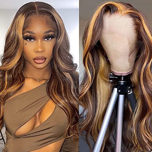ecnuxza Honey Blonde Ombre Lace Front Wig Human Hair Pre Plucked 13x4 HD Transparent 4/27 Highlight with Baby Hair 180% Density Colored Body Wave Lace Front wig for Women 20 Inch