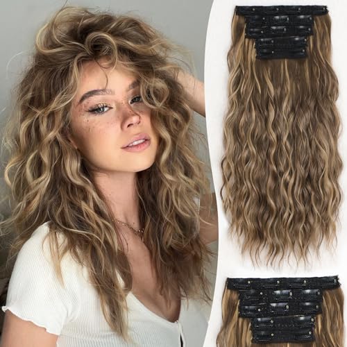 ALXNAN Clip in Hair Extensions, 16" Brown Mixed Caramel BlondeHair Extensions, Thick Long Mermaid Waves Hair Extensions Soft Hairpieces For Women