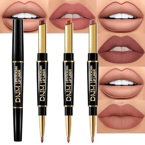 evpct 3Pcs Chestnut Nude Brown Lip Liner and Lipstick Set Kit for Women DNM Matte Lips Kit with Lip Liner Lip Stains Long Lasting Waterproof 24 Hour Lipstick and Lip Liners Combo Lipliners Pencil Set