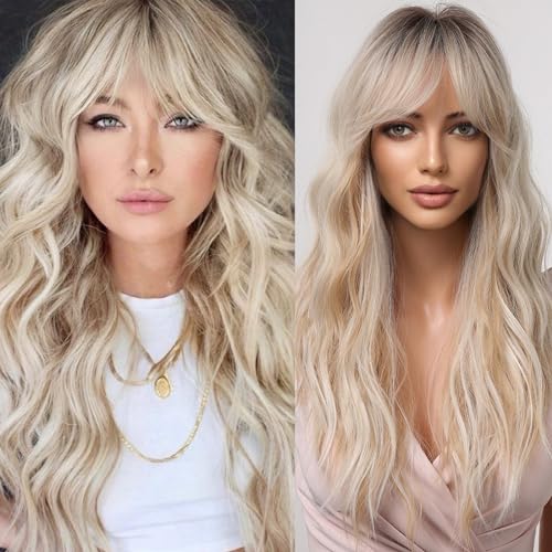 Allbell Blonde Platinum Wig for Women Long Curly Synthetic Hair with Bangs Wave Wigs with Dark Roots
