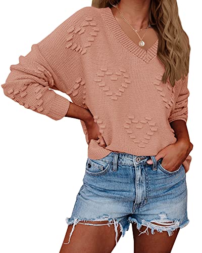 Tutorutor Womens Cute Heart Love Print Sweater Tops Oversized V Neck Dot Ball Loose Knitted Spring Jumper Pullover