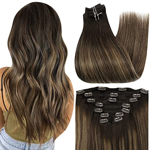 Full Shine Clip In Hair Extensions Human Hair Balayage Color 2 Darkest Brown Fading To 8 Ash Brown Highlight With 2 Hair Extension Clip Ins 7 Pcs Remy Clip In Hair 12 Inch