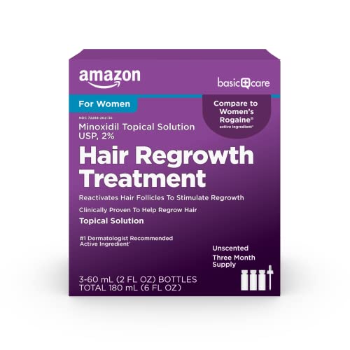 Amazon Basic Care Minoxidil Topical Solution USP, 2% Hair Regrowth Treatment for Women, 3-Month Supply, Unscented, 2 fl oz (Pack of 3)