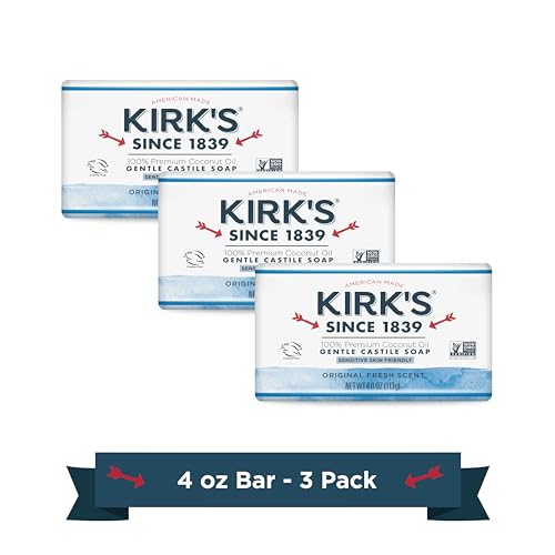 Kirk’s Castile Bar Soap Clean Soap for Men, Women & Children| Premium Coconut Oil | Sensitive Skin Formula, Vegan | Original Fresh Scent | 4 oz. Bars – 3 Pack